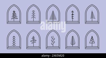 set of tree line art minimalist simple vector logo illustration design Stock Vector