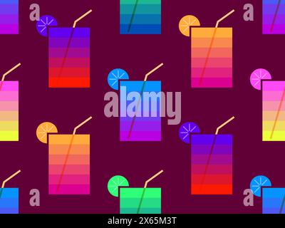 Glass with lemon and straw seamless pattern. Colorful striped glass with a slice of lemon and a straw. Design for wrapping paper, wallpaper and banner Stock Vector