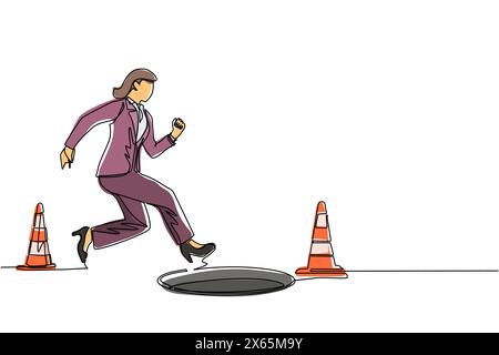 Continuous one line drawing blindfolded businesswoman running to find money with pit hole. Woman runs to business trap. Blind investment concept. Meta Stock Vector