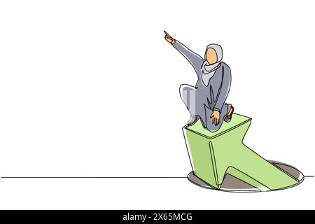 Continuous one line drawing Arabian businesswoman standing on arrows coming out of holes. Woman leading financial graph rising from hole. Business gro Stock Vector