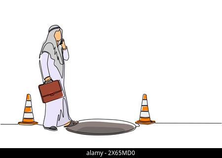 Continuous one line drawing Arabian businessman talking on cell phone and he does not see the hole in front. Man walks to business trap. Metaphor. Sin Stock Vector