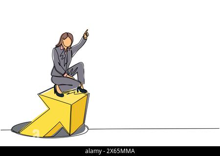 Single one line drawing businesswoman standing on arrows coming out of holes. Woman leading financial graph rising from hole. Business growth concept. Stock Vector