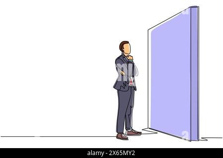 Single one line drawing businessman thinking in front of big obstacle or wall. Abstract representing risk management. Finding solution and problem sol Stock Vector