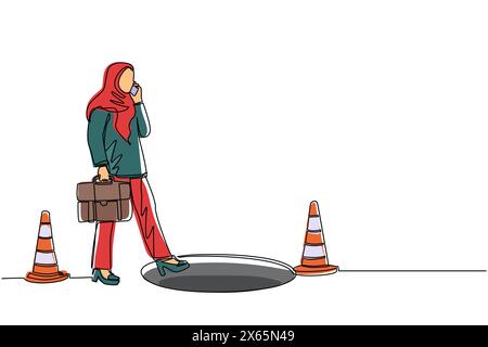 Single continuous line drawing Arab businesswoman talking on cell phone and she does not see the hole in front. Woman walks to business trap. Metaphor Stock Vector