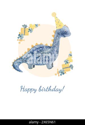 Hand drawn watercolor illustration of cute cartoon dinosaur with colorful balloons. Greeting birthday card, template, poster, banner for children Stock Photo