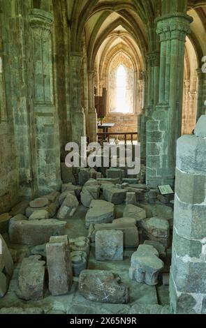 Bosses and ornate stones in Dore Abbey, Abbey Dore, Golden Valley, Herefordshire Stock Photo