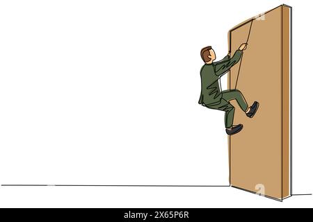 Continuous one line drawing business determination concept with businessman climbing over wall with rope. Ambition, motivation, career growth, success Stock Vector