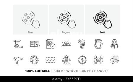 Hair dryer, Woman read and Lighthouse line icons. For web app, printing. Line icons. Vector Stock Vector