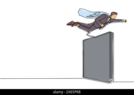 Single one line drawing super businessman flying over the wall. Employee superhero flying through the wall. Business concept power, success, overcome Stock Vector