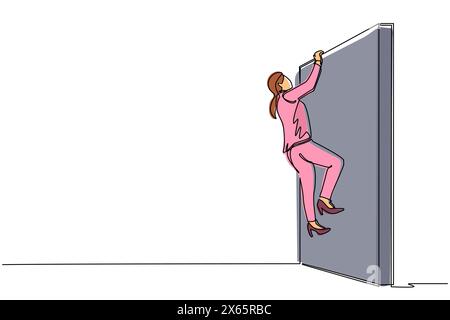 Continuous one line drawing businesswoman climb obstacle wall, solve the problem. Business concept, team metaphor. Successful leader businesswoman. Si Stock Vector