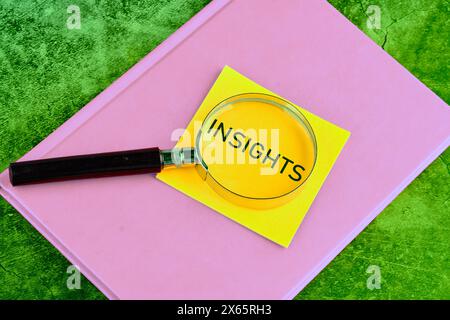 Insight concept. INSIGHTS word through a magnifying glass on a yellow sticker lying on a business notebook on a green background Stock Photo