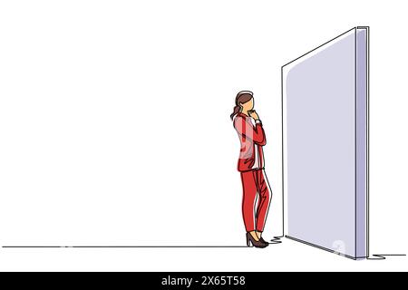 Single continuous line drawing businesswoman thinking in front of big obstacle or wall. Abstract representing risk management. Finding solution and pr Stock Vector