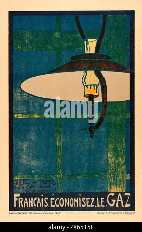 Vintage French War Poster,  Paris Save Energy featuring a Gas Lamp. by Jeanne  Falournoux, 'Français, Economisez le gaz'.  1914-1918. Stock Photo
