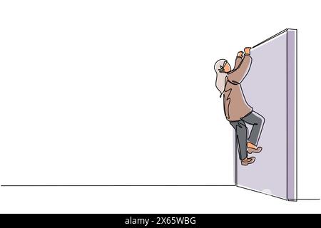 Single continuous line drawing Arab businesswoman climb obstacle wall, solve the problem. Business concept, team metaphor. Successful leader businessw Stock Vector