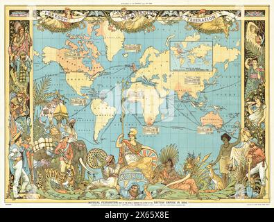 Vintage World Pictorial Map of the Colonial British Empire in 1886 by Walter Crane, 19th Century Stock Photo