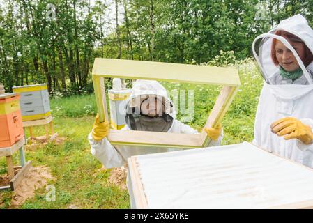 beekeepers in the garden in sunny weather takes care of the hives Stock Photo