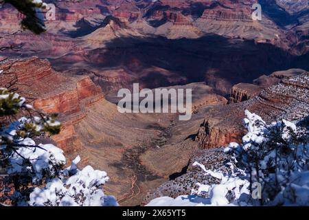 Snowy Overlook at Grand Canyon: Vast Landscapes and Deep Gorges Stock Photo