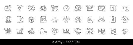 Correct checkbox, Green electricity and Money currency line icons. For web app, printing. Line icons. Vector Stock Vector
