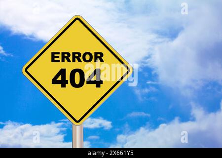 Diamond-shaped crossing sign with yellow background and black border with "Error 404" written in the middle. Stock Photo