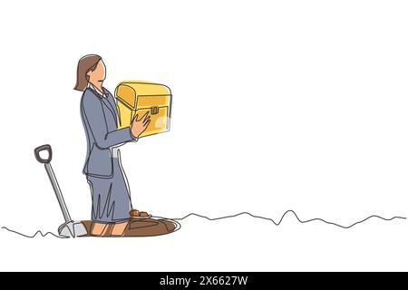 Continuous one line drawing happy woman hunter seeker hold chest find treasure in ground. Excited businesswoman with gem artefact. Treasure gold hunti Stock Vector