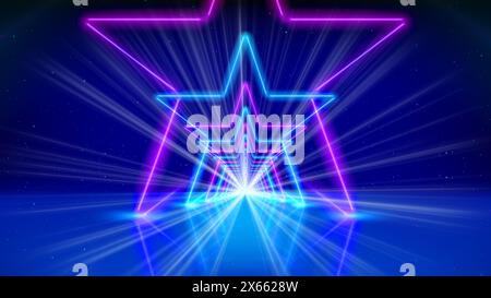 Flight movement through arcade. Glowing neon tunnel, corridor, star. Abstract geometric background, flying in cyberspace. Pink blue purple neon arch Stock Photo