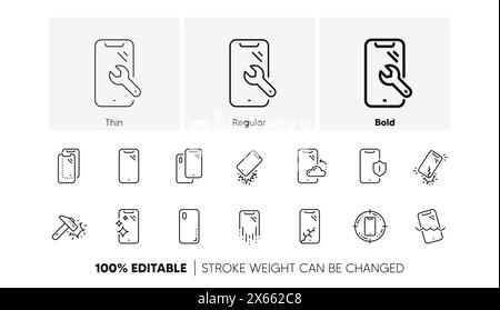 Smartphone protection line icons. Tempered glass, screen protector and water resistant. Linear set. Line icons. Vector Stock Vector