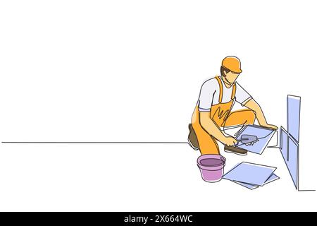 Single one line drawing repair worker laying ceramic wall tile. Professional tiler in uniform working. Repairman in overalls tiling at home. Continuou Stock Vector