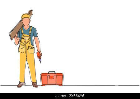 Single one line drawing timber frame house construction worker. Repairman standing with board, tool box, and drill. Building, construction, repair wor Stock Vector