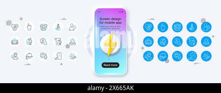 Voicemail, Time management and Click hand line icons. For web app, printing. Phone mockup with 3d energy icon. Vector Stock Vector