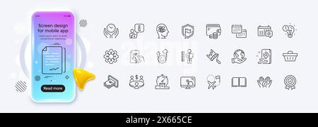Voting ballot, Calendar and Meeting line icons for web app. Pictogram icon. Phone mockup gradient screen. Vector Stock Vector