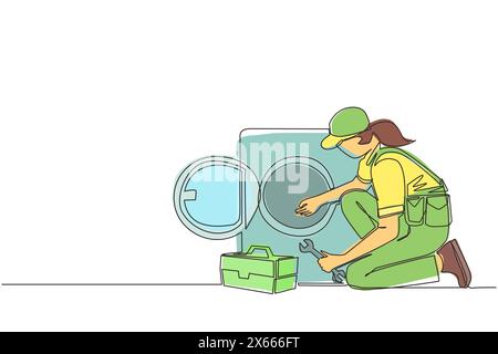 Single continuous line drawing professional repairwoman fixing washing machine at home. Plumbing specialist with toolbox fixing, repairing washer, was Stock Vector