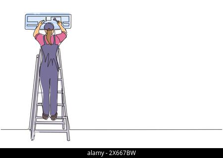 Single one line drawing air conditioning repair. Repairwoman technician woman repairing air conditioner. Air conditioning unit repair, maintenance pro Stock Vector