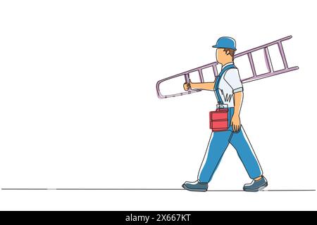 Single one line drawing repairman with ladder. Handyman working on call. Carpenter handle activity on renovation home. Hard laborer job. Painter worke Stock Vector