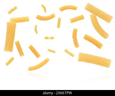 Set of flying uncooked rigatoni pasta isolated on white background with clipping path Stock Photo