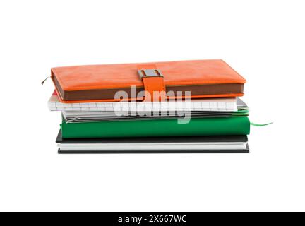 Composition with stack of notepads isolated on white Stock Photo