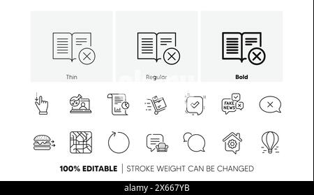 Food delivery, Inventory cart and Reject book line icons. For web app, printing. Line icons. Vector Stock Vector