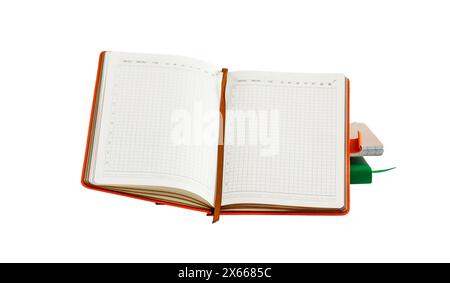 Composition with stack of notepads isolated on white. Opened blank notepad Stock Photo