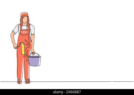 Continuous one line drawing woman holds roller with paint and bucket of paint, home repairs, painting walls in house, apartment, professional painter. Stock Vector