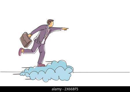 Single one line drawing businessman holding briefcase ride cloud, pointing forward, go to future, business concept. Man on cloud way to success. Conti Stock Vector