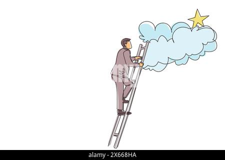 Single continuous line drawing businessman climbing ladder to reach out for the stars. Businessman climbing to goal. Motivation to be success, winner, Stock Vector