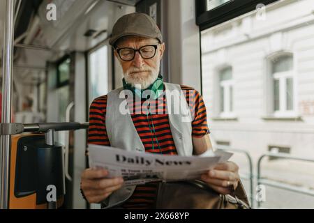 Elderly man traveling through the city by bus, reading newspaper. Senior city commuter taking tram to grocery, using public transportation. Stock Photo