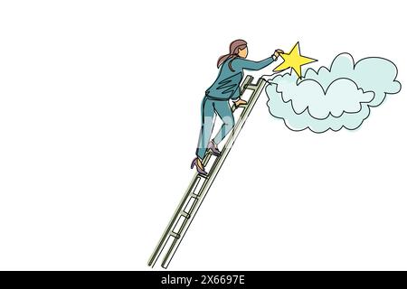 Continuous one line drawing businesswoman standing on stairs and reaching star on the sky. Goals and dreams. Business, career, achievement concept. Si Stock Vector