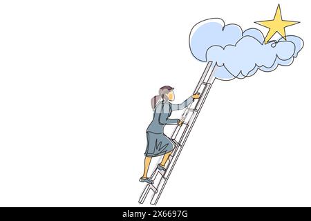 Single one line drawing businesswoman climbing ladder to reach out for stars. Businesswoman climbing to goal. Motivation to be success, winner, finish Stock Vector