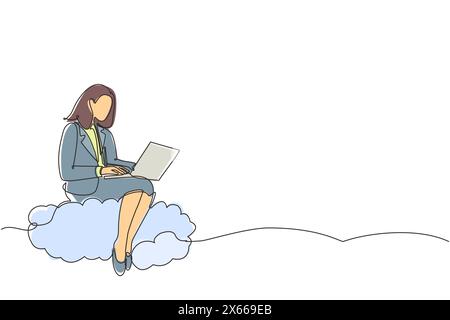 Single continuous line drawing businesswoman sitting on cloud in sky and working with laptop. Wireless connection. Social networking, chatting using c Stock Vector