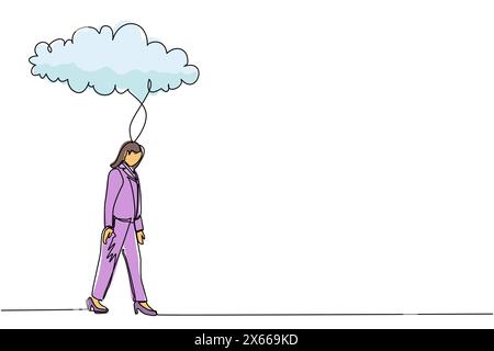 Single continuous line drawing unhappy depressed sad businesswoman in stress walking under rain cloud. Alone loser female depression. Loneliness in ov Stock Vector