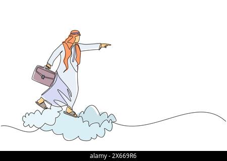 Single continuous line drawing Arab businessman holding briefcase ride cloud, pointing forward, go to future, business concept. Man on cloud way to su Stock Vector