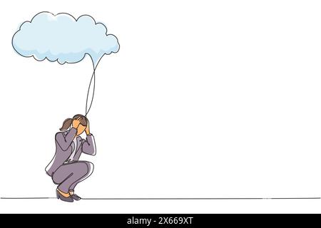 Single continuous line drawing businesswoman feeling sad, depression sitting under rain and cloud. Unhappy depressed loneliness sad worker in stress w Stock Vector