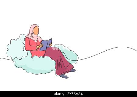 Single continuous line drawing Arabic woman sitting on cloud reading book. Businesswoman. Teacher. Marketer. Director. Chief. Financier. Higher educat Stock Vector