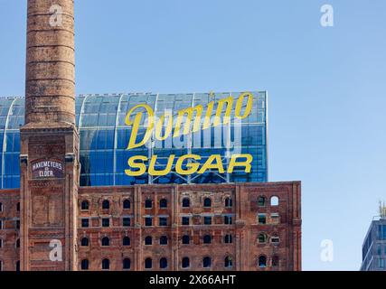 The Refinery At Domino is an all-electric office building constructed inside the shell of the landmark Domino Sugar Factory in Williamsburg, Brooklyn. Stock Photo