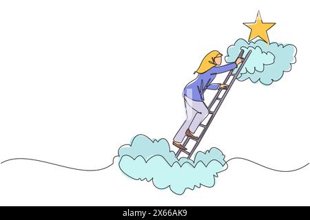 Continuous one line drawing Arab businesswoman climbing ladder to reach out for stars. Businesswoman climbing to goal. Motivation to be success, winne Stock Vector